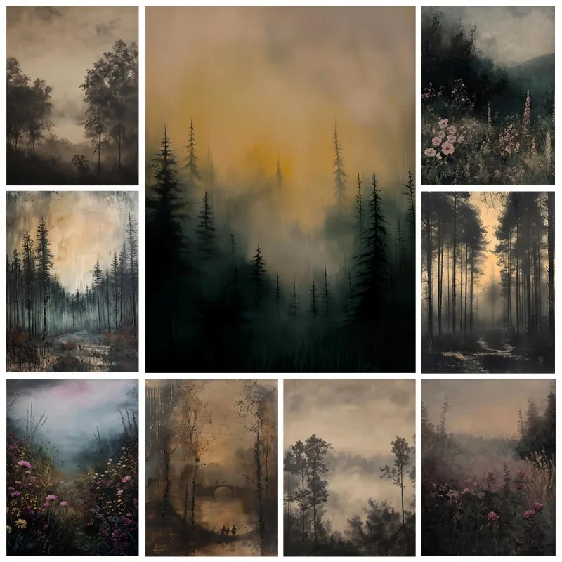 Antique Dark Academia Misty Forest Charcoal Tree Wildflower Landscape Artwork Poster Canvas Painting Wall Pictures Home Decor