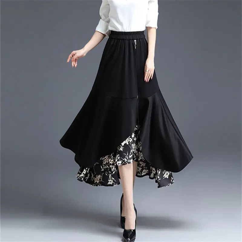 2024 New A-line Black Irregular Skirt ,For Women Clothing ,Spring Autumn Elastic High Waisted Long Skirts ,Retro Floral Skirt