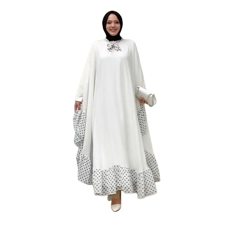 Muslim Fashion Middle East Loose Plus Size Bat-sleeve Top with Bow Tie Polka Dot Print and Patchwork Robe Cover-up Dress Abaya