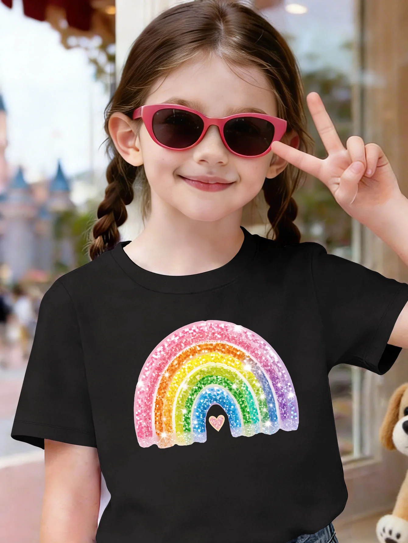 Sparkly Rainbow Heart Print Kids Tee Boys Girls Family Matching Cotton Crew Neck Short Sleeve Soft Summer Daily Casual Kid Wear