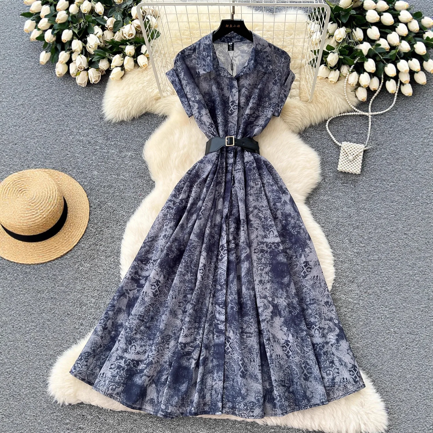 

Women A Line Dresses Long Dress Print Turn Down Collar Belted Short Sleeves Maxi Lenth Straight Office Lady Casual 2025 Summer