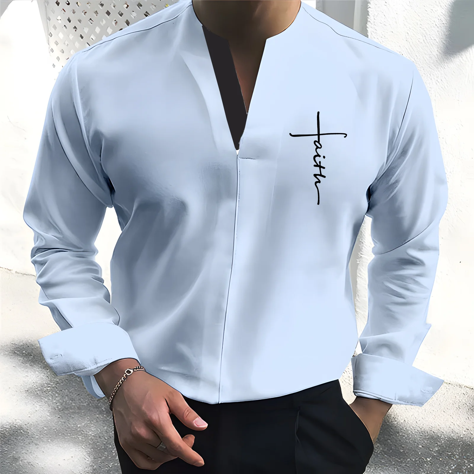 New Fashion V-Neck Solid Shirts Men Shirt Smart Casual Clothes Spring Summer Long Sleeve Tees Tops Men Loose Pullover Streetwear