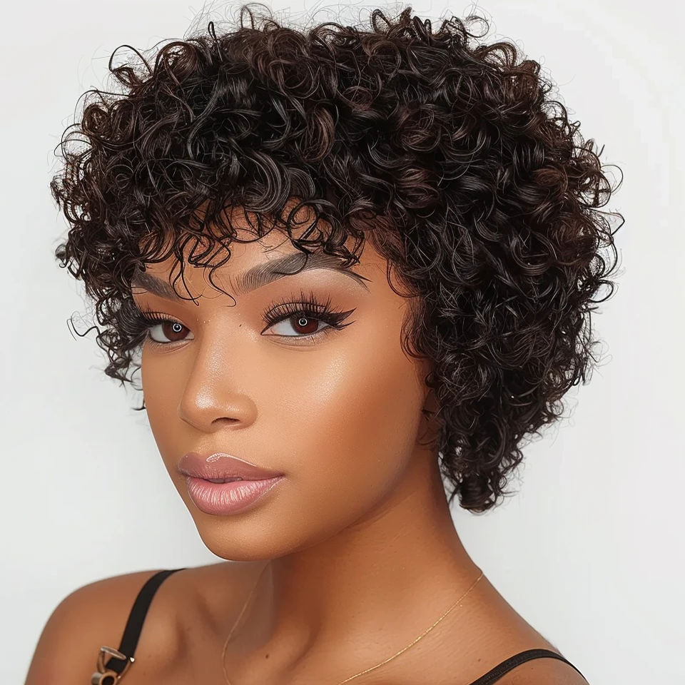 Peruwiańskie krótkie peruki Bob Pixie Afro Kinky Curly z grzywką dla czarnych kobiet Natural Brown 99J Pełne peruki z ludzkich włosów wykonane maszynowo