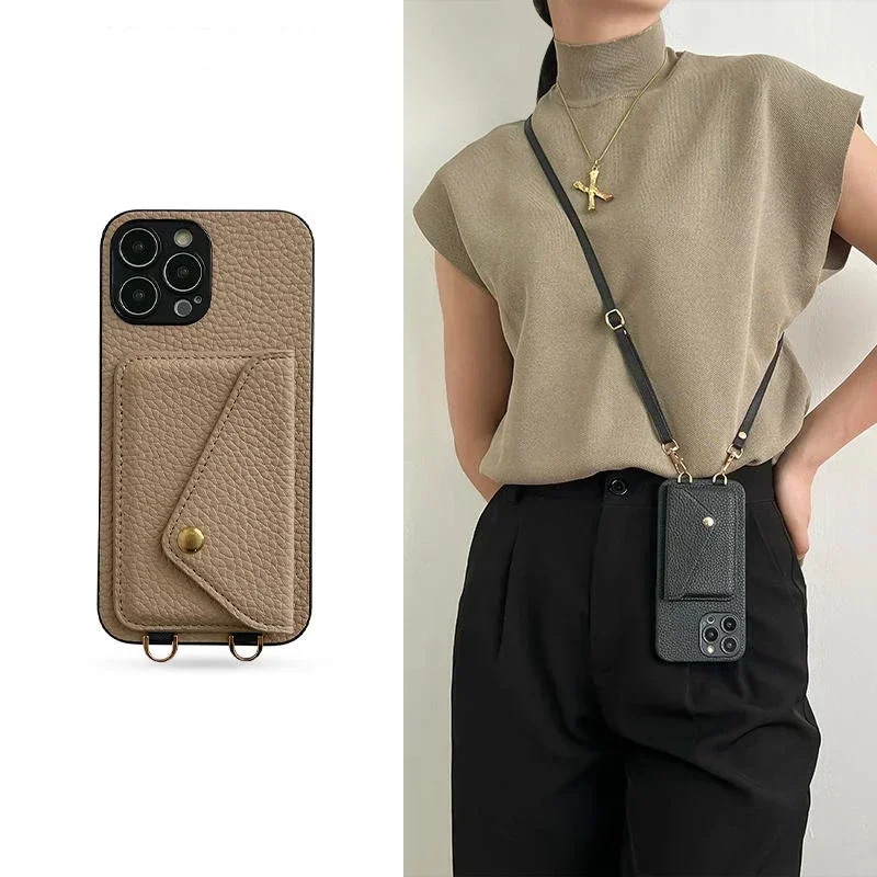 

【Leather Card Holder】Adjustable Crossbody Lanyard Case for iPhone 16/15 Pro Max/14/13/12 ProMax Luxury Leather Phone Cover