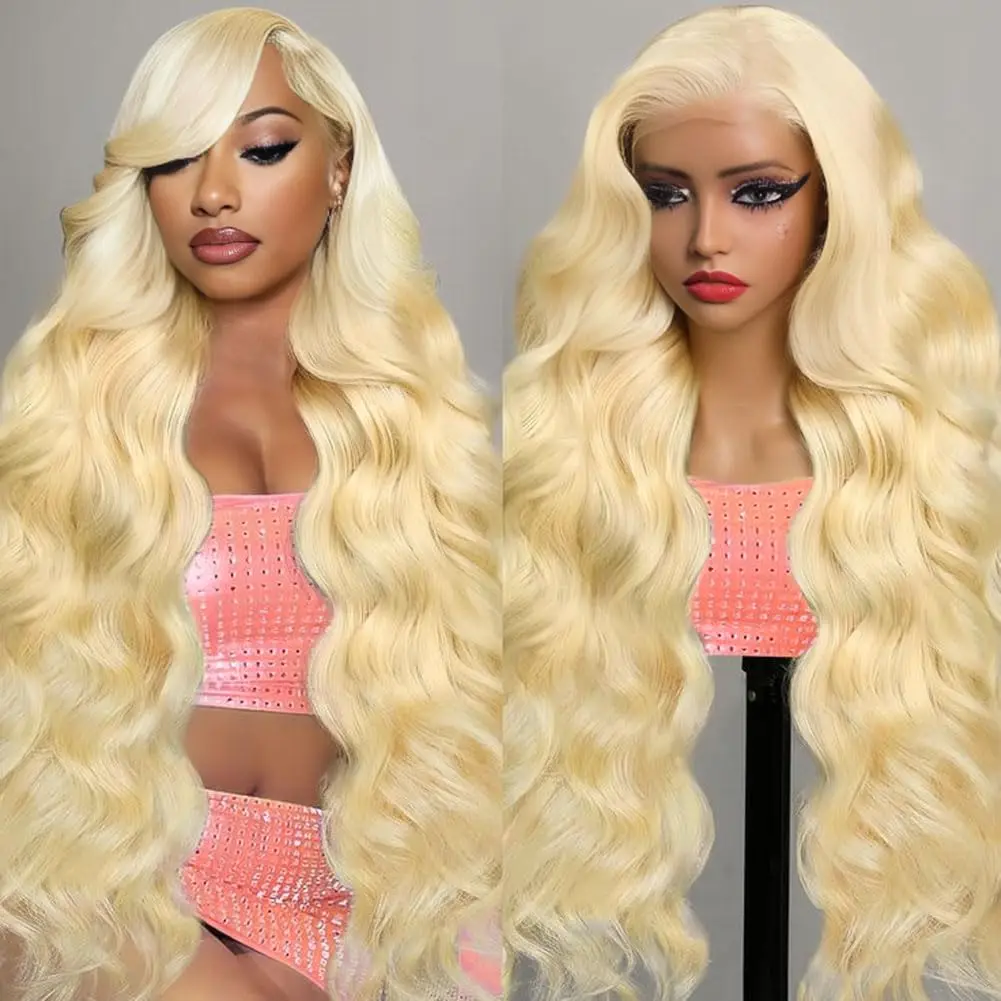 Blonde Body Wave Human Hair Wigs 613 Blonde #613 200% Density 40 Inches 13x6 13x4 HD Transparent Invisible Lace Frontal Wig Brazilian Hair For Women Pre Plucked Pre Cut Lace Pre Bleached Knots Pre Styled