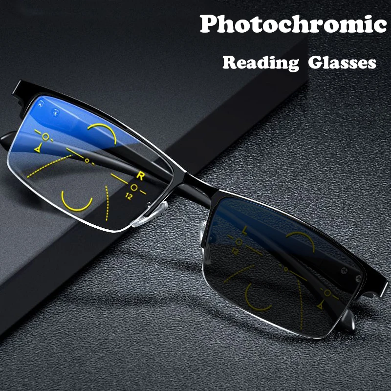 Photochrome Progressive Multifokale lesebrille Anti Blau Licht Presbyopie Brille Männer Business Brillen Chameleon Objektiv