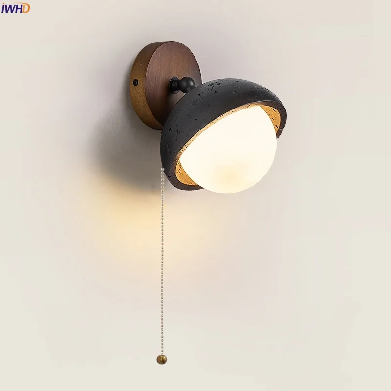 

IWHD Japan Vintage LED Wall Lamps Pull Chain Adjustable Angle Black Travertine Bedside Living Room Lights Decoration Wandlampen
