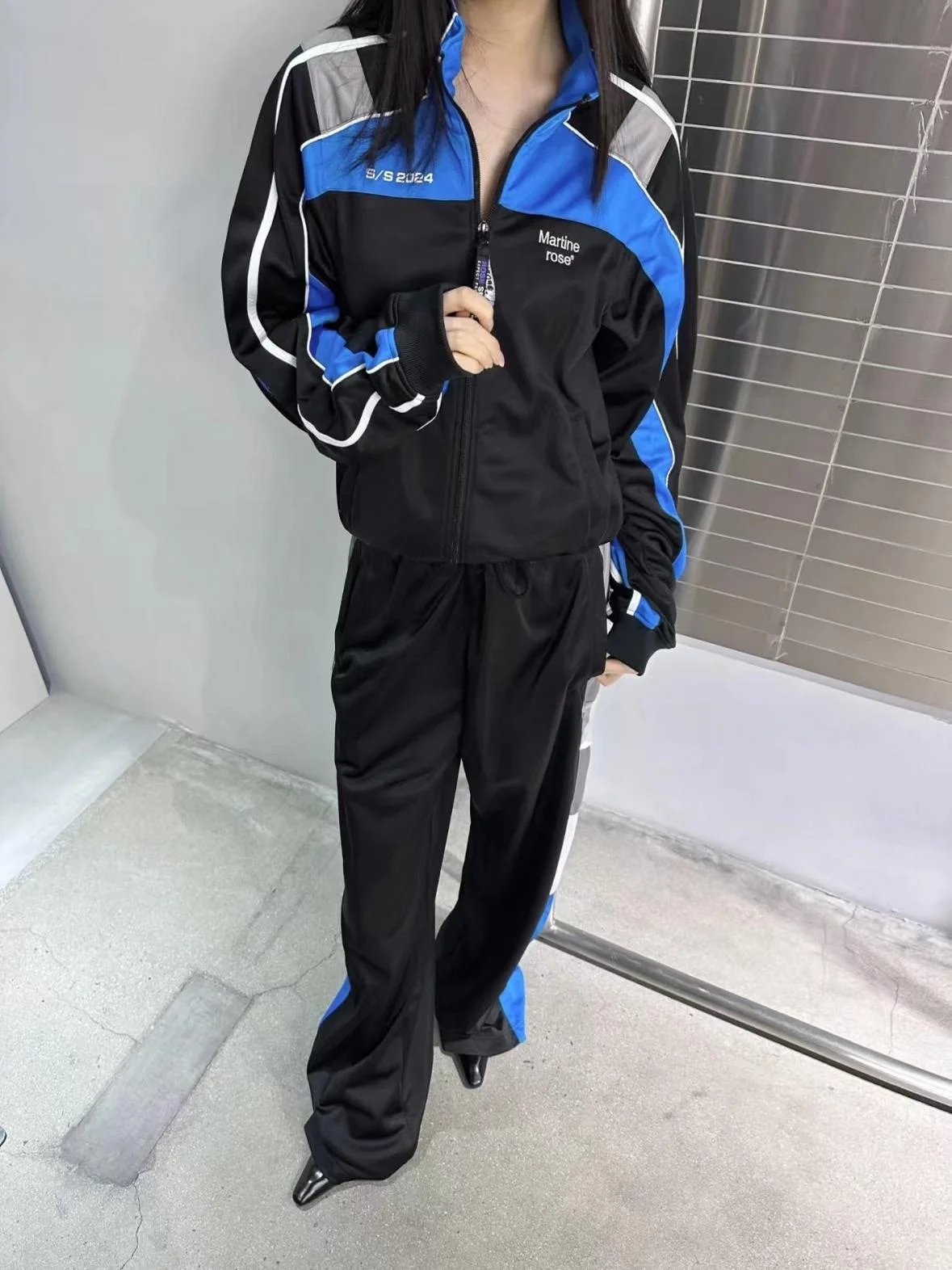 Martine Rose 24SS Spring Summer Patchwork Color Block Embroidered Retro School Uniform Jacket Pants Set Youth Fashion Polyest...