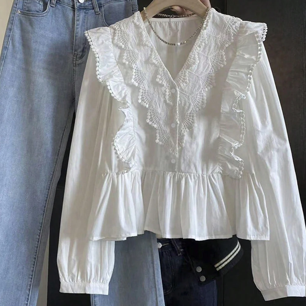 حجم كبير 2025 الخريف الوافدين الجدد المرأة عادية بلون الدانتيل لوحة تكدرت بأكمام طويلة قمة عصرية وأنيقة #1