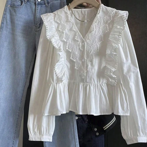 Imagen 1 del producto Tallas grandes 2025, recién llegados de otoño, Top informal de manga larga con volantes y Panel de encaje de Color sólido para mujer, moderno y elegante