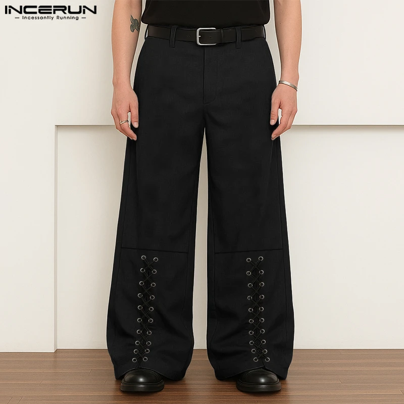 

INCERUN Men Pants Solid Color Button Lace Up Loose Casual Trousers Men Streetwear Joggers 2025 Fashion Leisure Male Long Pants