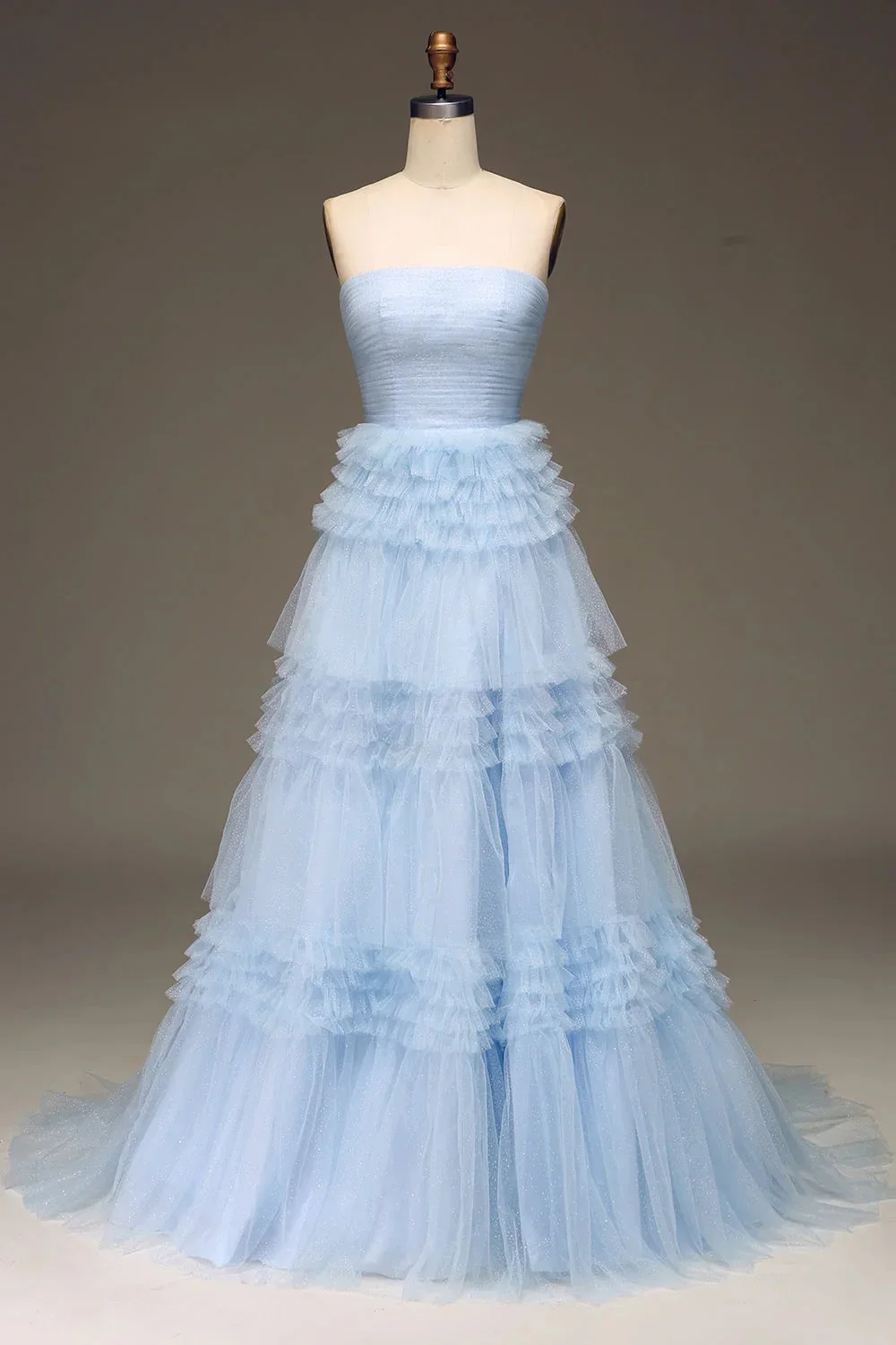 

Modern Strapless Tulle Tiered Prom Dress with Slit 2024 Puffy Ball Gown A-line Evening Dress vestidos de fiesta elegantes para
