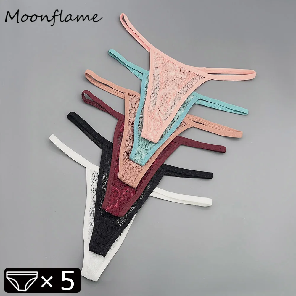 

Moonflame 5 PCS Intimate G-string Panties Women's Sexy Lace Female Waist T Back Thongs