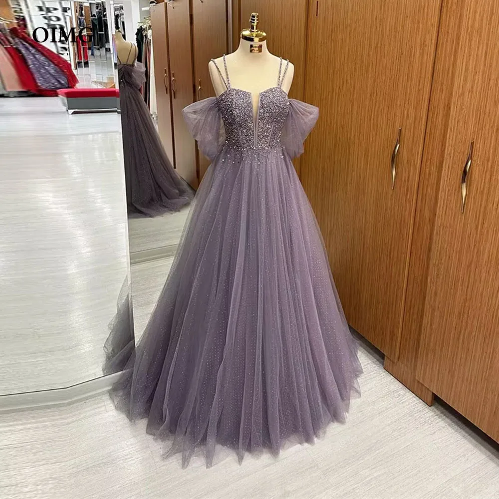 

OIMG Sparkly Purple Shiny Sequin Tulle Evening Dresses With Spaghetti Sweetheart Long Saudi Arabic Women Party Formal Prom Gowns