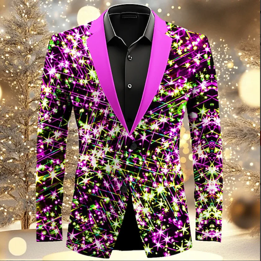 New Men's 3D Printed Formal Shirt Christmas Snowflake Pattern Flip-over Long Sleeve Shirt Fashionable Men's Shirt