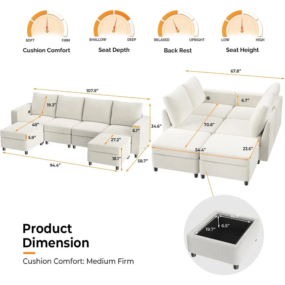 U Modular Sofa Bed, Built-in USB Charger, Convertible Sofa Bed, High Elastic Foam, 4 Deep Seat Modules /2 Foot Pads (recliner)