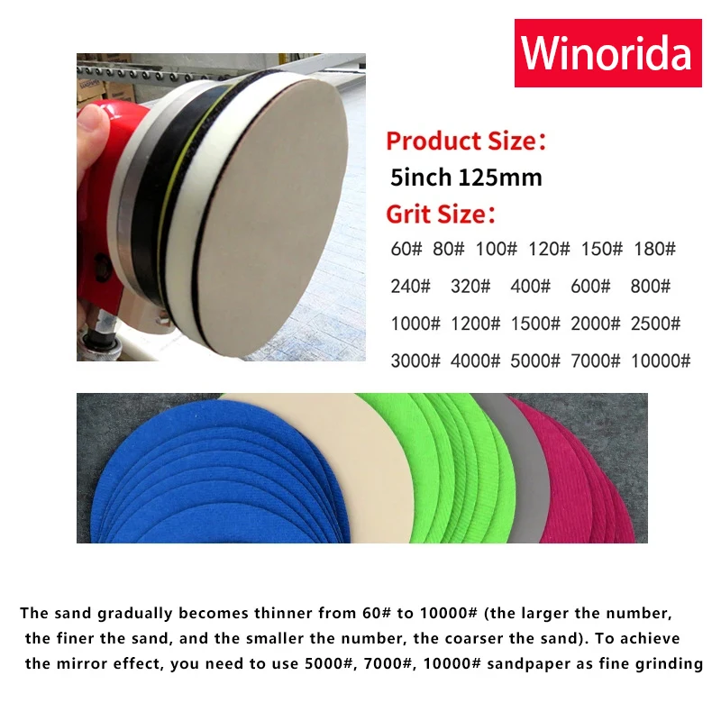 Papel de lija de 5 Lnch, muela redonda de malla 60-10000, almohadilla de pulido de doble uso húmeda y seca, papel de lija con bucle de terciopelo trasero de 125mm