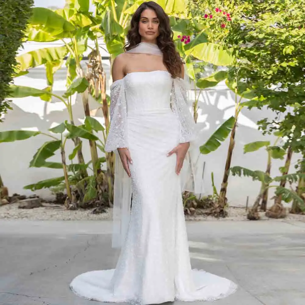 Customized Luxury Mermaid Wedding Dress 2026 Strapless Beaded Lace Bridal Gown Detachable Long Sleeve Sequin vestidos de novia