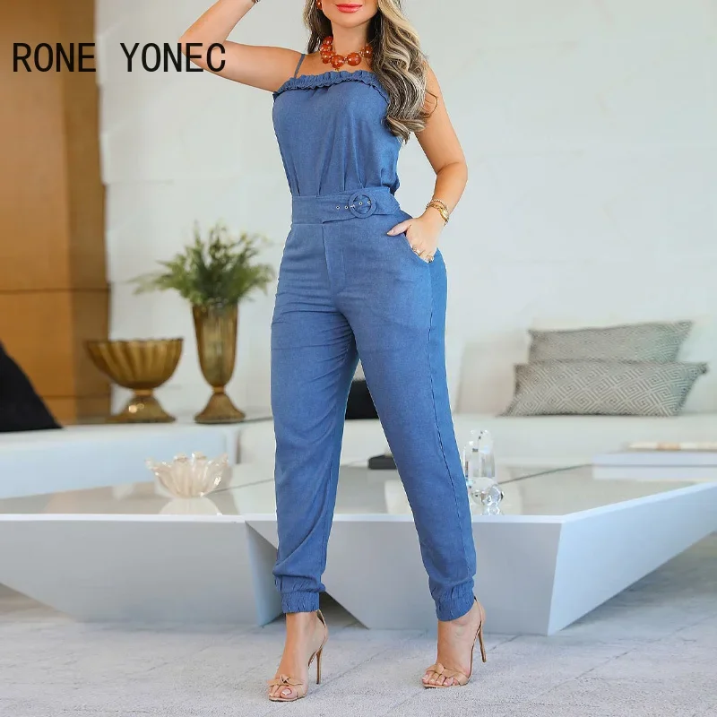 Women Solid Elegant Spaghetti Strap Edible Tree Fungus Sexy Cami Denim Pocket Pencil Pants Jumpsuit