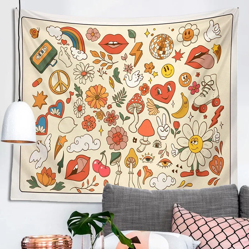 Vintage Tapestry 70s 60s groovy preview psychedelic mushroom flower plant retro eye Hippie Wall Living Room Bedroom Home Decor