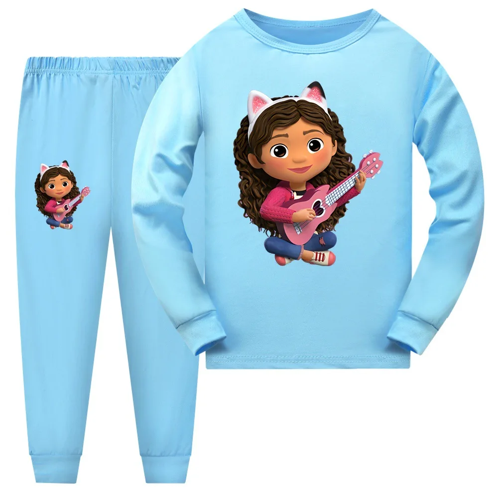 Gabbys-Conjunto de pijama de dibujos animados para niños, camiseta de manga larga, pantalones, 2 piezas