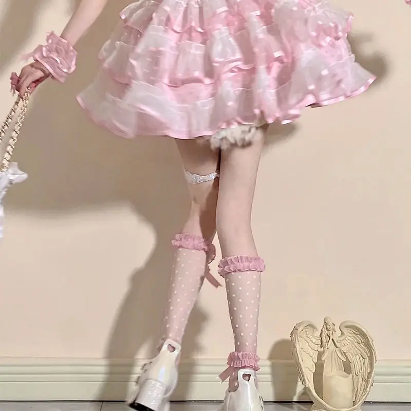 Lolita-Bas en dentelle rose avec nœud papillon pour femme et fille, chaussettes transparentes et courtes, y2k