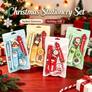 5Pcs/Bag Christmas Stationery Set Keychain Pencil Gel Pen Correction Tape Eraser Cute Santa Reindeer Xmas Gifts School Supplies​