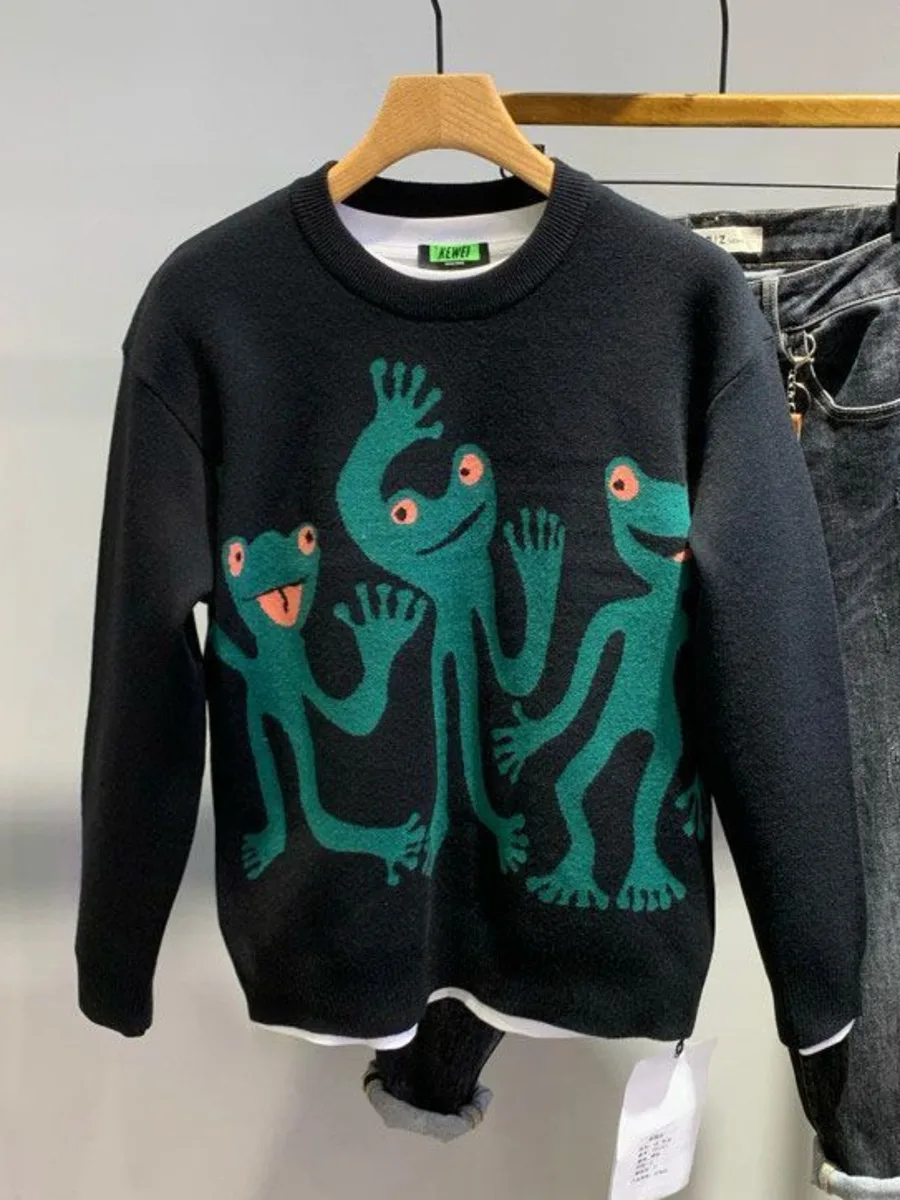 Personalized Cartoon Jacquard Round Neck Sweater Men Edition Trendy Autumn Winter Warm Knitted Sweater Pullover Top