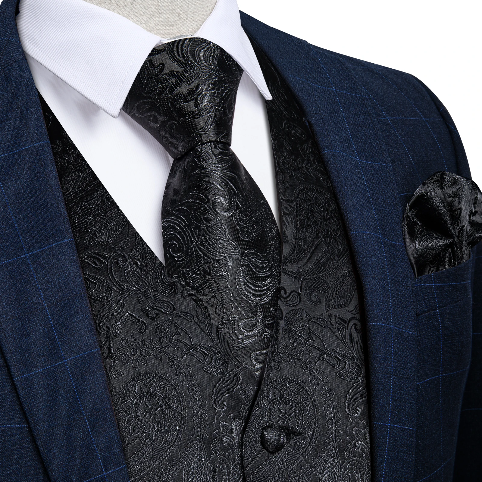 Suit Vest for Men Black Solid Paisley Wedding Prom Groom Jacquard Silk Waistcoat with Necktie for Tuxedo Men Clothing DiBanGu