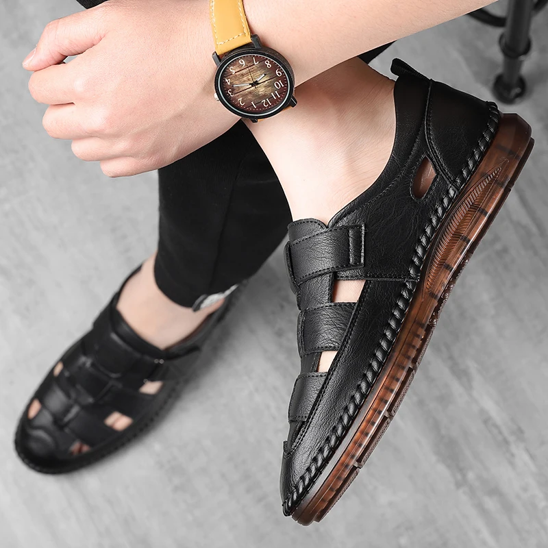 Genuine Leather 2024 Summer Special Offer Men\'s Business Casual Hollow Work with Holes Leather Sandals Men\'s Work Hole Sandals