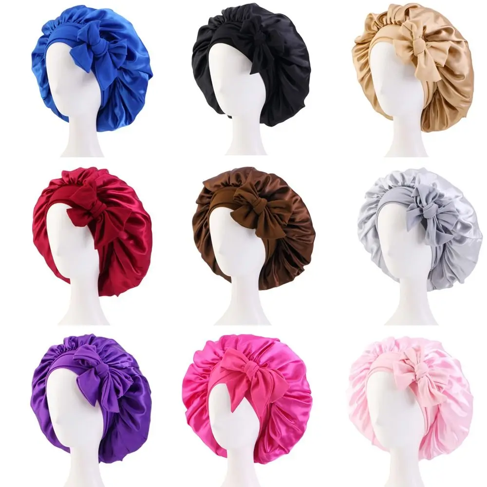 Women Satin Solid Sleeping Cap Soft Silk Nightcap Bonnet With Headband For Women Children Silk Scarf Sleep Hat