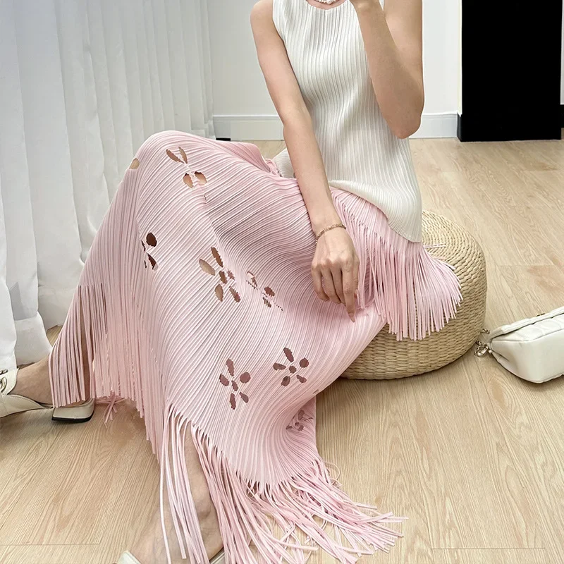 

Miyake Style Comfortable Casual Burnt Flower Slim Fit Elegant Fashion Pleated Tassel Skirt Women 2024 Summer New Style