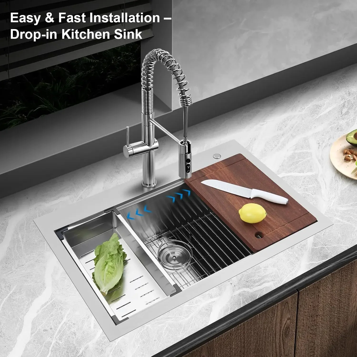 33x22 Drop in Kitchen Sink Workstation Stainless Steel Single Bowl | Brushed Nickel Finish, Large 10