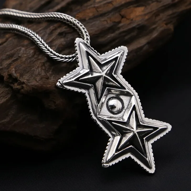 Cody sterling silver double pentagonal star necklace large pendant female trendy punk exaggerated personality male sweater chain