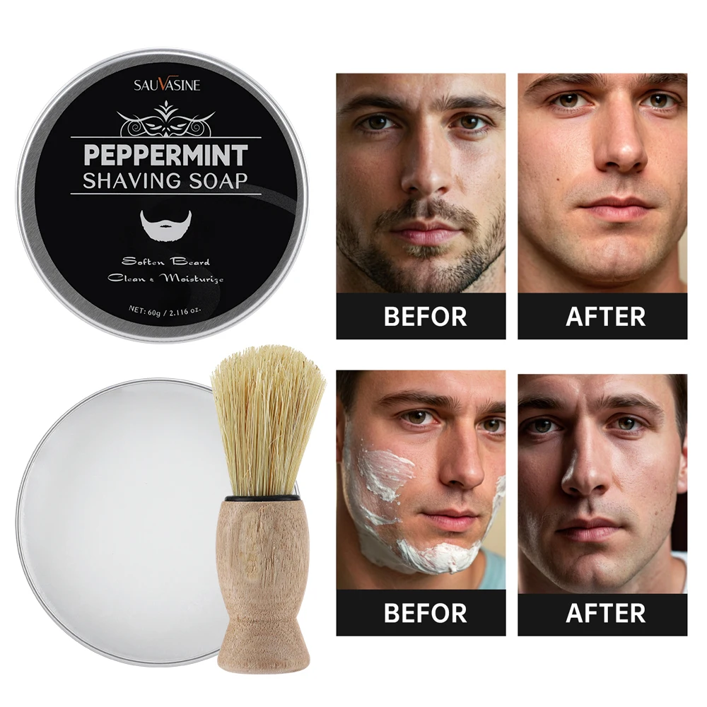 Sabonete de barbear com aroma de hortelã, espuma rica, creme de barbear com hortelã-pimenta, sem irritação, creme de barba suave e confortável para homens
