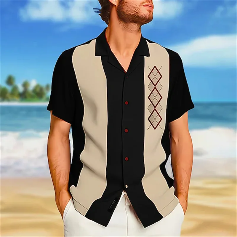 

New men's Hawaiian shirt geometry Cuba collar black shirt 3D printing short sleeve casual fashion shirt men's beach T-shirt