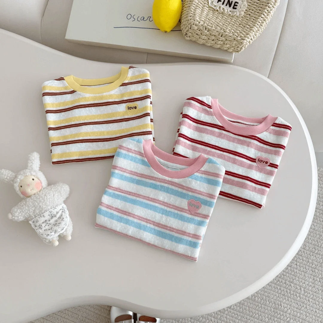 2026 Summer Kids Girls Striped Short Sleeve T-shirt Heart Embroidery Crew Neck Tee for Children Fashion Daily Tops
