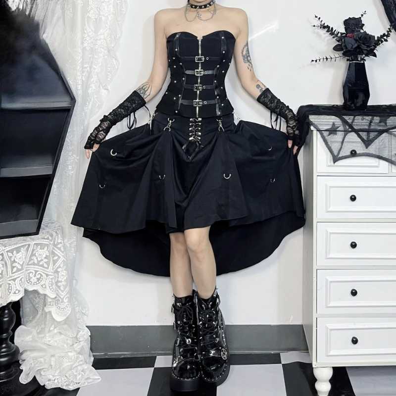 تنانير نسائية هاراجوكو سوداء بأشرطة عتيقة ملابس الشارع القوطية 2024 صيفية Jupe فام Y2k جمالية على شكل حرف a الجرونج Faldas Mujer