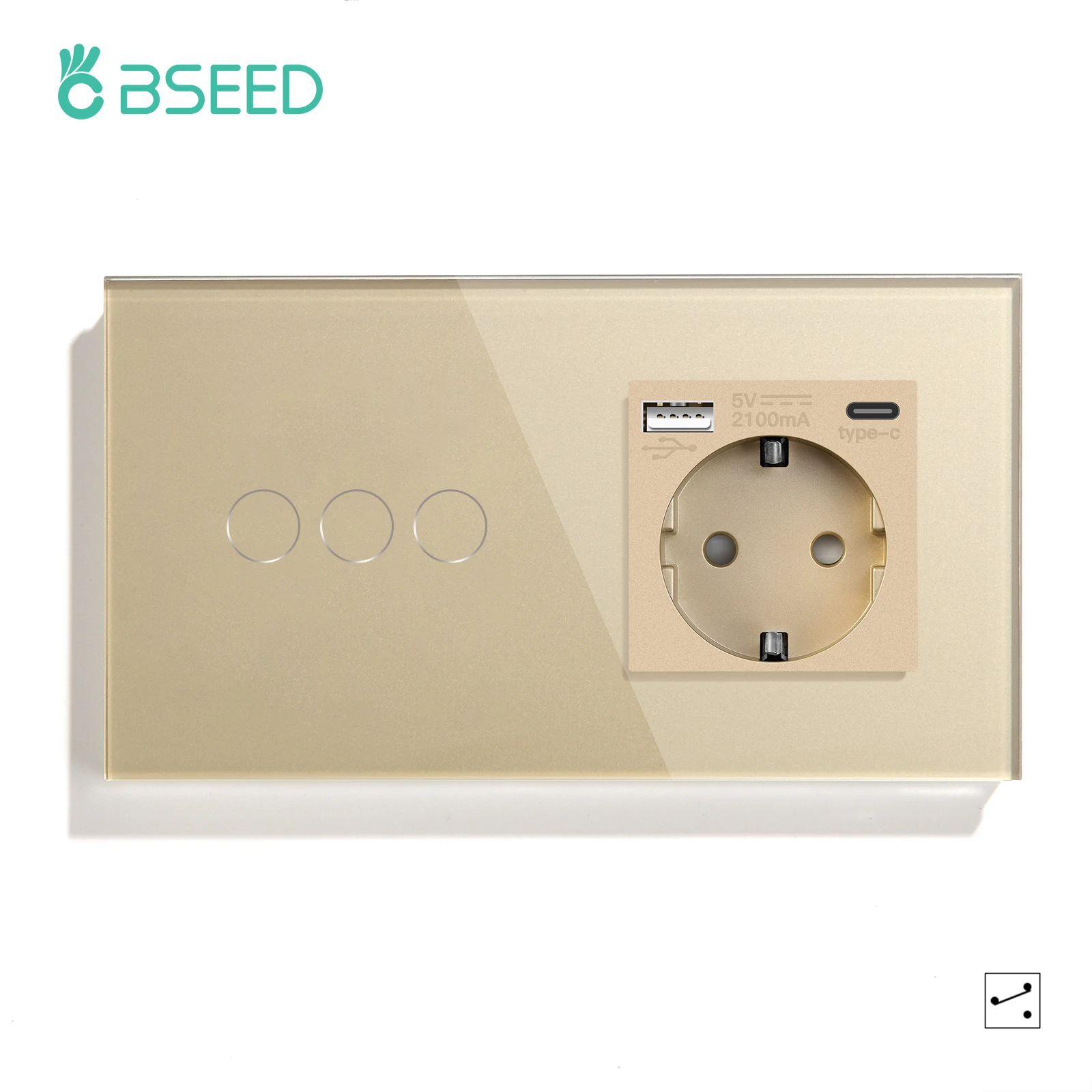 Bseed Touch Lichtschakelaar 1/2/3Gang 2Way Stopcontact Type-C Usb-poort Lichtschakelaars Voor Trappen Glazen Paneel Blauwe Achtergrondverlichting 240V