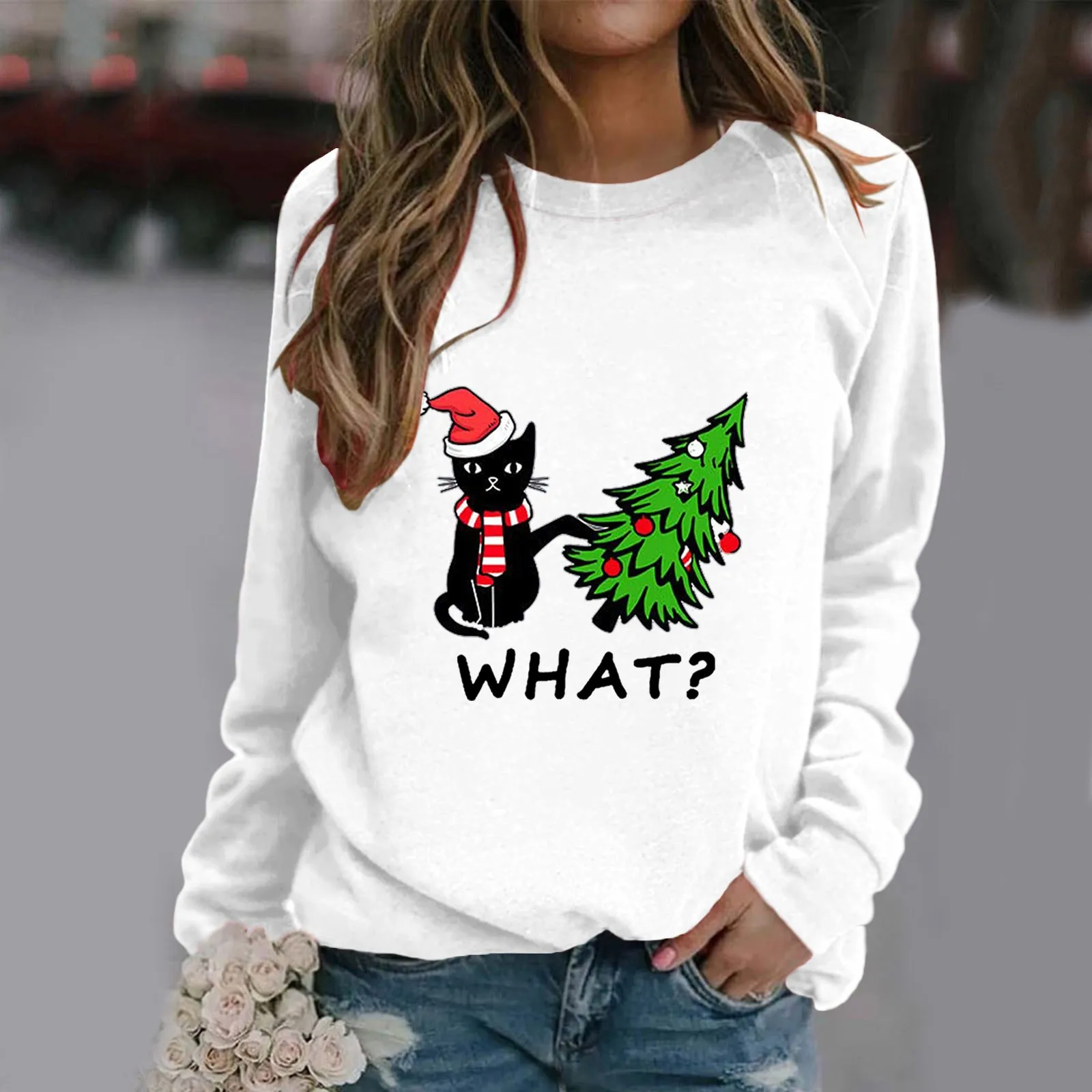 Christmas Womens T-Shirt Ugly Cat Print O Neck Sweatshirt Round Neck Fit Pullover Tops Long Sleeve Xmas Hoodies Blouse Female