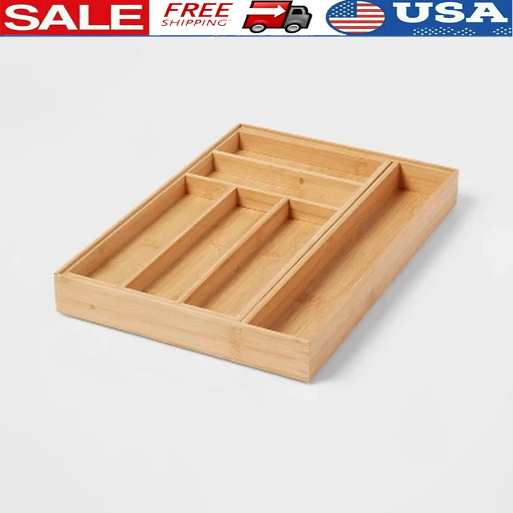 

Expandable Bamboo Drawer Organizer with 7 Compartment Storage Kitchen Utensils and Silverware Easy Clean Design
