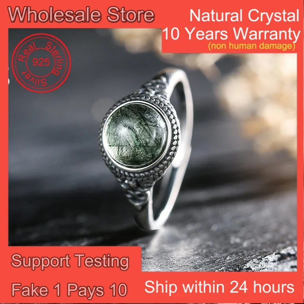 Bohemian Women's Ring Vintage 925 Sterling Silver Ring Natural Rutilated Quartz Healing Crystal Open Bands Jewelry