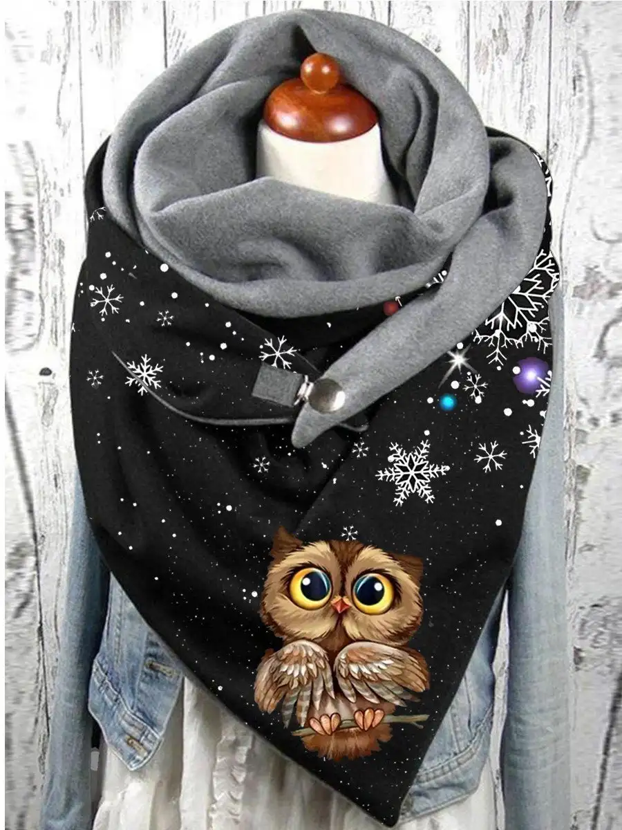 Casual Christmas Snowflake Owl Pattern Scarf And Shawl for Women