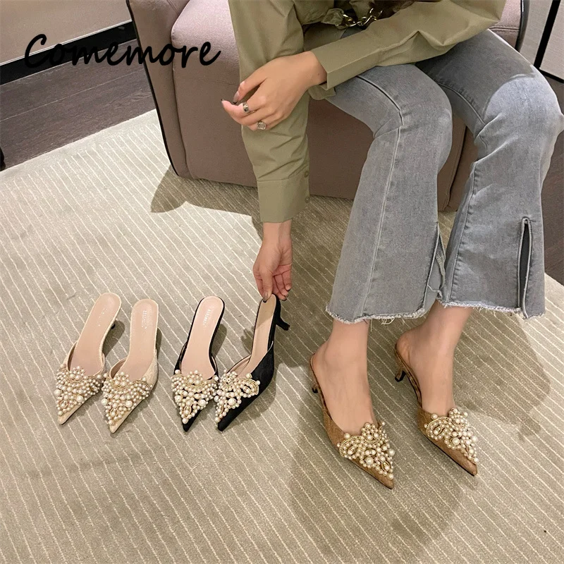 Comemore Spring Summer Mules Fashion Sexy Women Slides Shoes Elegant Pearls Slip-On Thin Heels Slippers 2023 Designer Mules 42