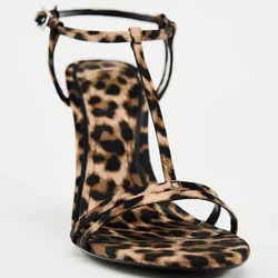 Sexy Leopard Print Open Toe High Heels for Women Elegant Narrow Strap Slingback Heeled Sandals Round Toe Party Dress Woman Shoes