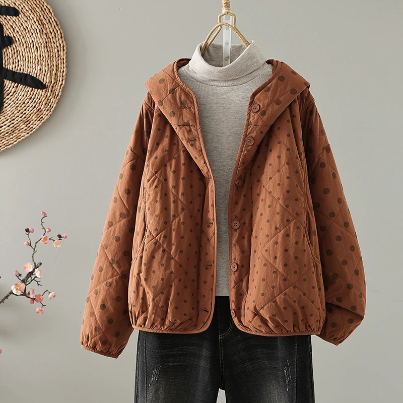Thickened Cotton Spring Autumn Winter Women's Coat with Hood Polka Dot Patterned Inner Filling Long Sleeve Single Button Closure
