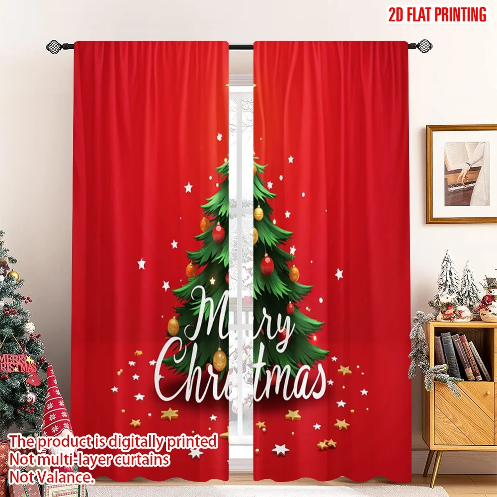 

2pcs 2D flat printing Merry Christmas Scene Curtains Merry Christmas Tree Ornaments_b Polyester Without Electricity Party &