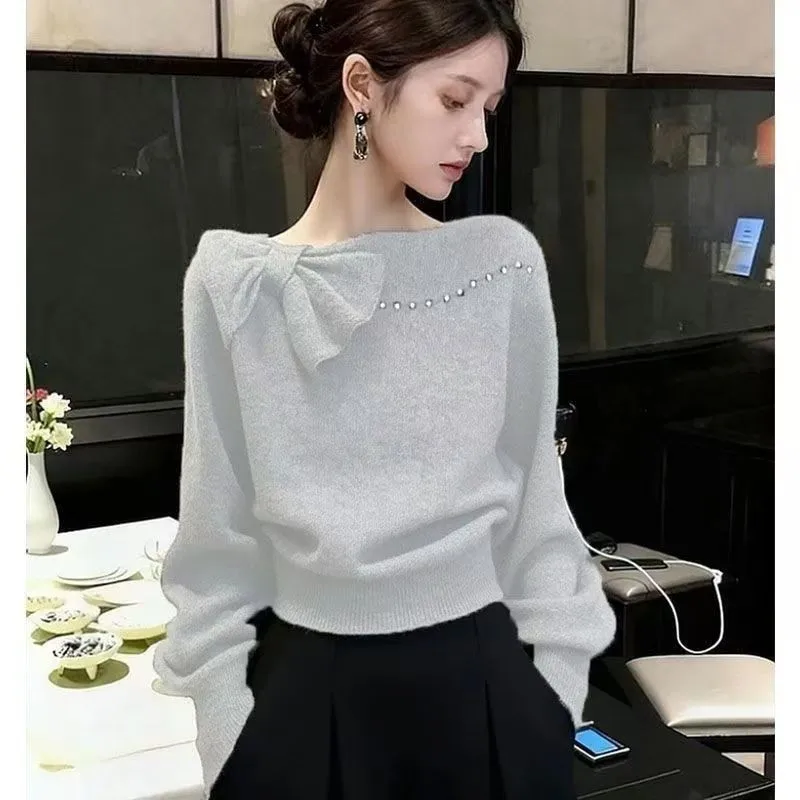 Gray Knit Pullover Sweater with Bow Neck and Pearl Embellishment Loose Fit Short Length Women Autumn Winter Office Elegant 3