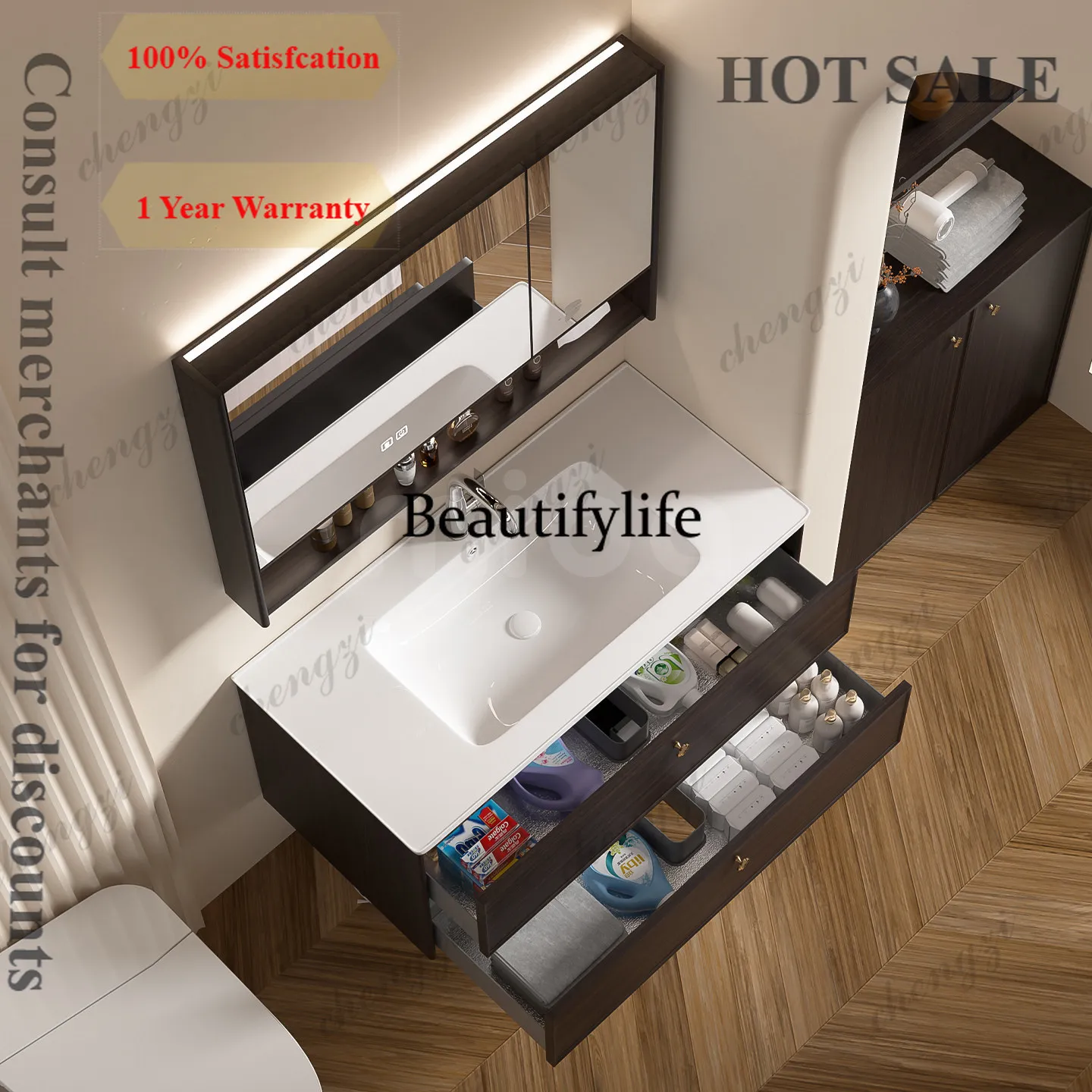 B567 Medieval black walnut all stainless steel bathroom cabinet integrated ceramic basin combination