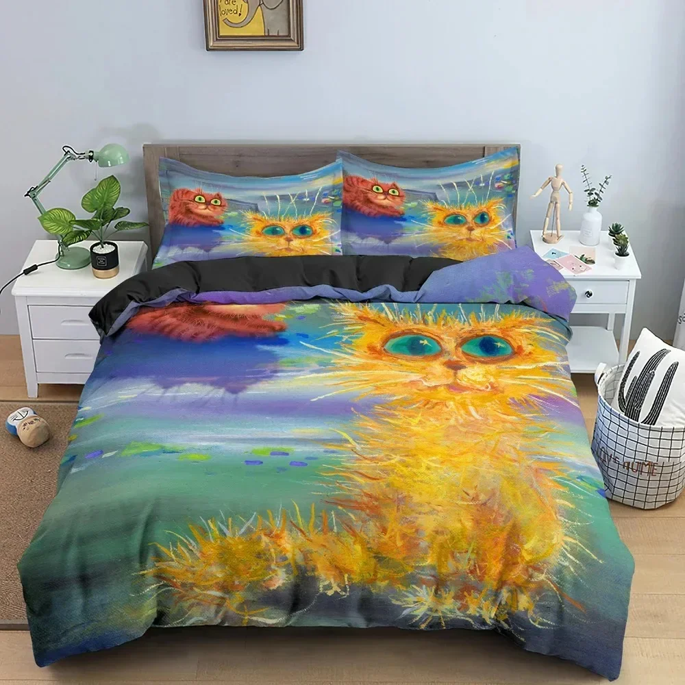 

Watercolor Cartoon Cat Comfortable Duvet Quilt Cover Pillowcase Bedding Set Children Bedroom Decoration Home Textile